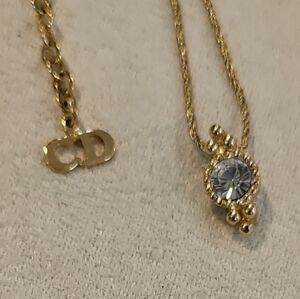Dior Gold-Tone Pendant Necklace with Clear Crystal Center 15"